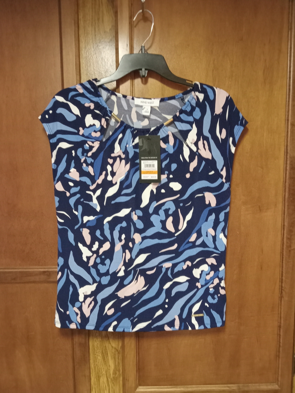 Nine West Navy Blue Abstract Print Cap-Sleeve Top